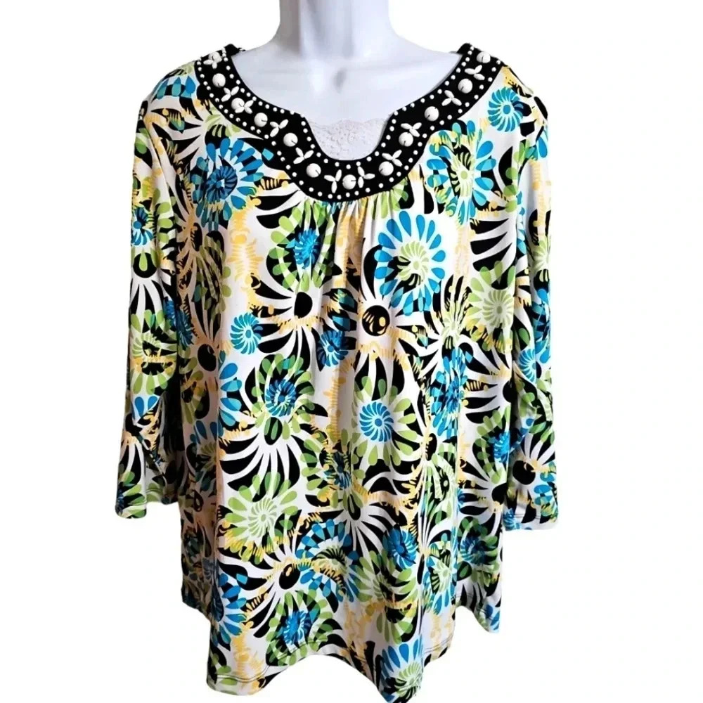 R.Q.T. Women 2X Blouse Multicolor Polyester Tropical Floral Top Statement Resort - Picture 2 of 7